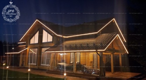 Контурное освещение крыши дома гибким неоном 16мм (ДНП Озеро Красавица Л.О.)