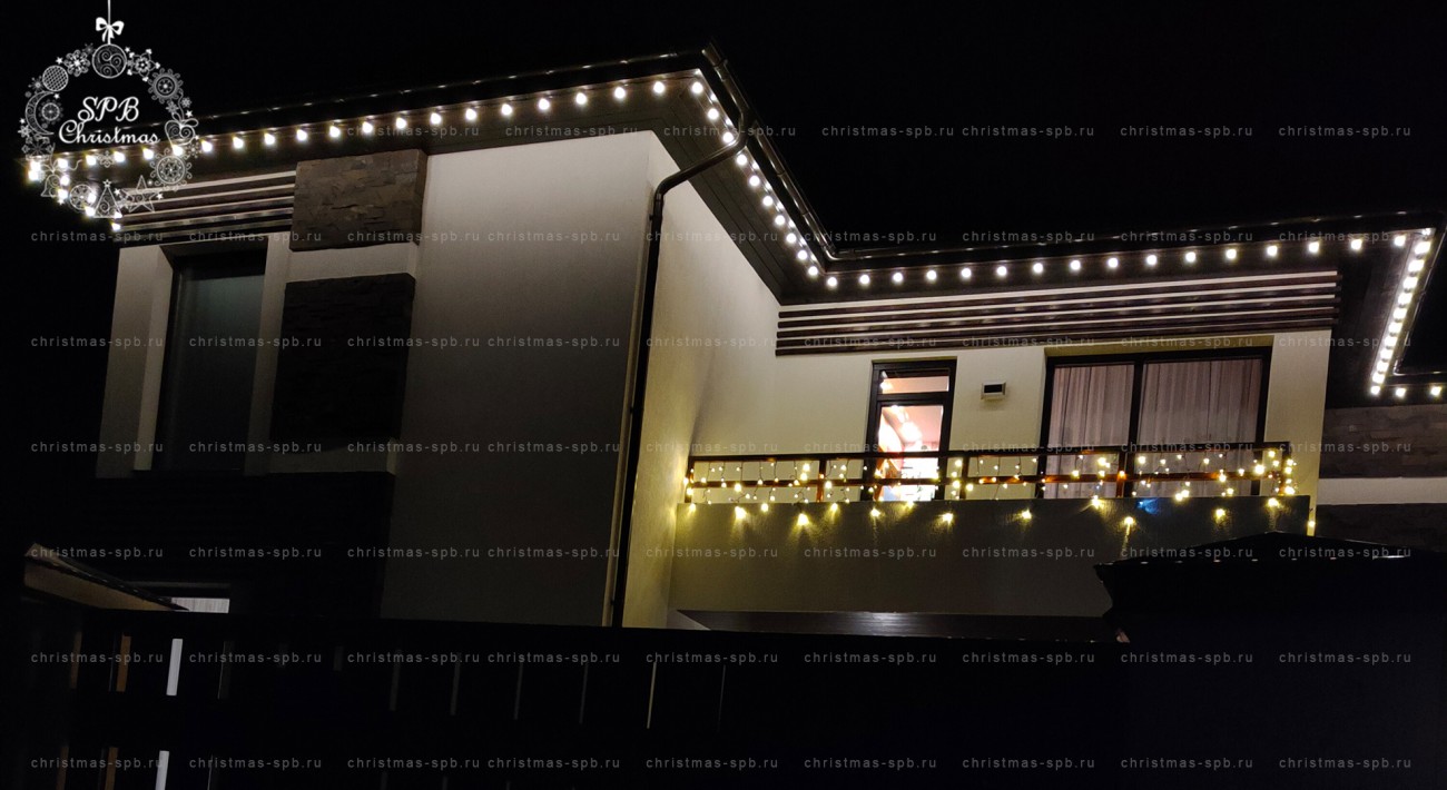 Новогодние украшение загородного дома гирляндой Белт-Лайт с белыми лампами. Архитектурная подсветка с гарантией. Визуализация в подарок!