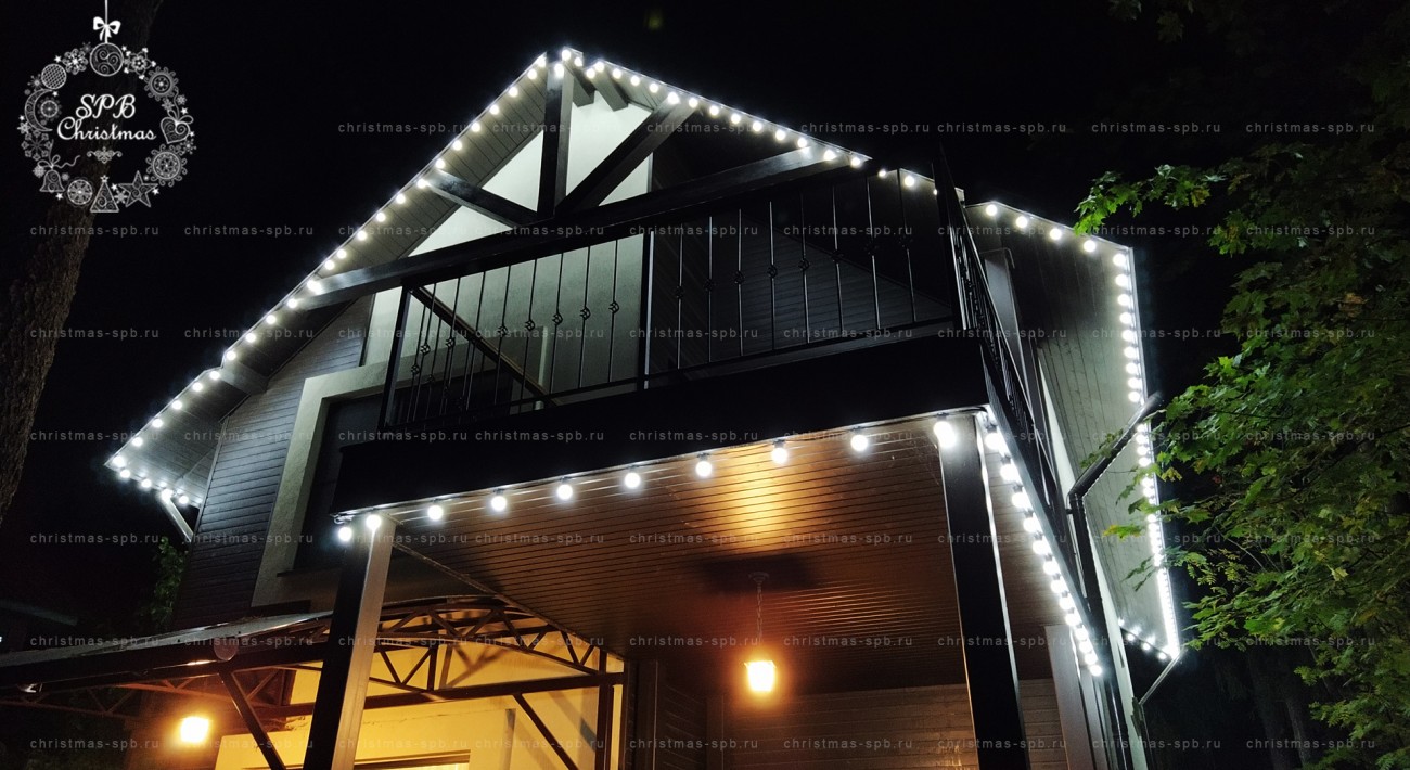 Монтаж гирлянды Белт-Лайт на дом с шагом 33см между лампами. Свечение холодный белый. Архитектурная подсветка с гарантией. Визуализация в подарок.