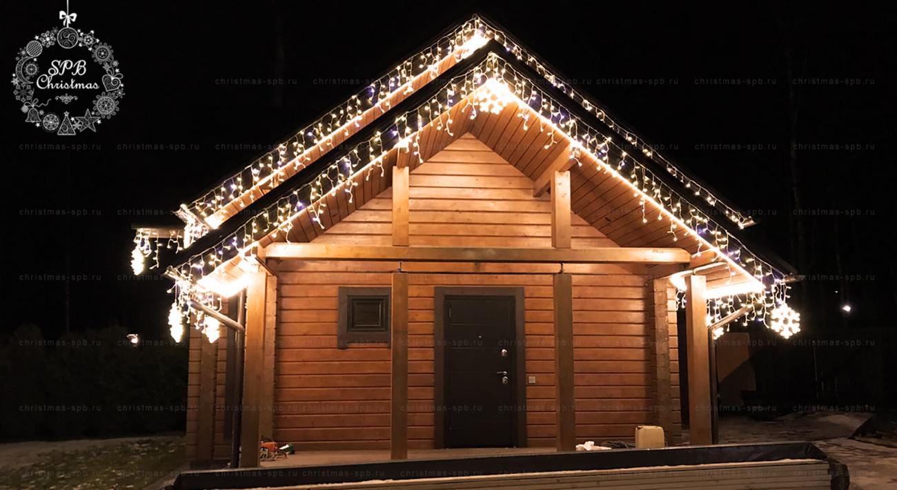 Новогоднее оформление дома гирляндой бахрома тепло белого свечения и световыми неоновыми мотивами «Снежинка» 40см. 