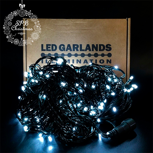 Уличная светодиодная гирлянда нить (400LED, 50м, IP54, зеленый провод) белый