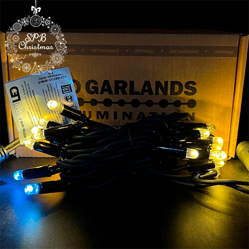 Уличная гирлянда нить PREMIUM (20LED, 2м, IP67, черный провод каучук) теплый белый-вспышки белый