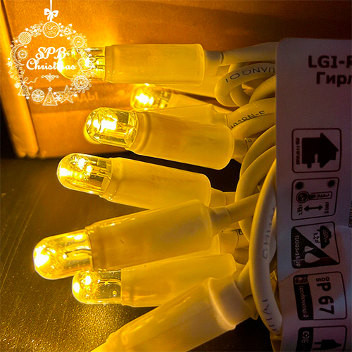Уличная гирлянда нить PREMIUM (30LED, 3м, IP67, белый провод каучук) теплый белый-вспышки белый