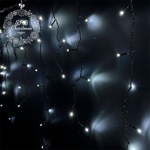 Уличная светодиодная гирлянда бахрома (120LED, 3х0,7м, IP54, черный провод) белый-вспышки белый