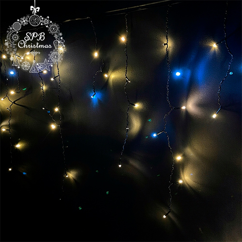 Уличная светодиодная гирлянда бахрома (120LED, 3х0,7м, IP54, черный провод) теплый белый-вспышки белый