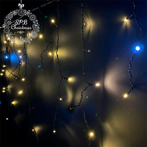 Уличная светодиодная гирлянда бахрома (120LED, 3х0,7м, IP54, черный провод) теплый белый-вспышки белый