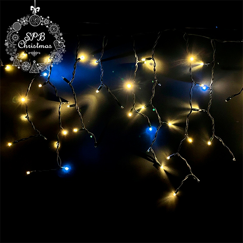 Уличная гирлянда бахрома LUXURY (150LED, 3х0,7м, IP67, черный провод каучук) теплый белый-вспышки белый 