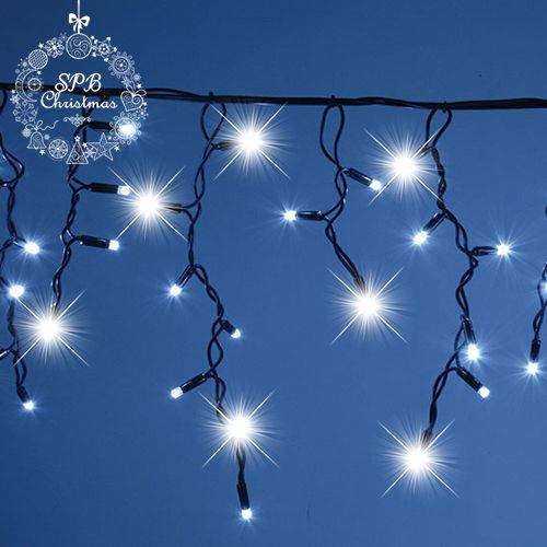 Уличная светодиодная гирлянда бахрома (100LED, 2х0,5м, IP65, черный провод каучук, вспышки) синий-вспышки белый