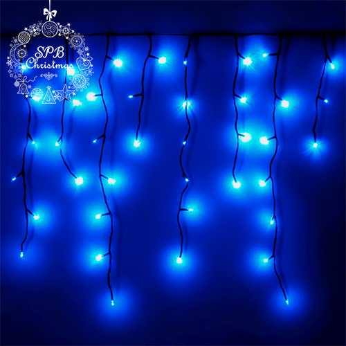 Уличная светодиодная гирлянда бахрома «Жемчуг» (120LED, 3х0,70м, IP54, черный провод) синий-вспышки белый