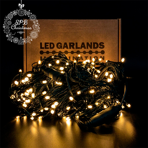 Уличная светодиодная гирлянда нить (400LED, 50м, IP54, зеленый провод) теплый белый-вспышки белый